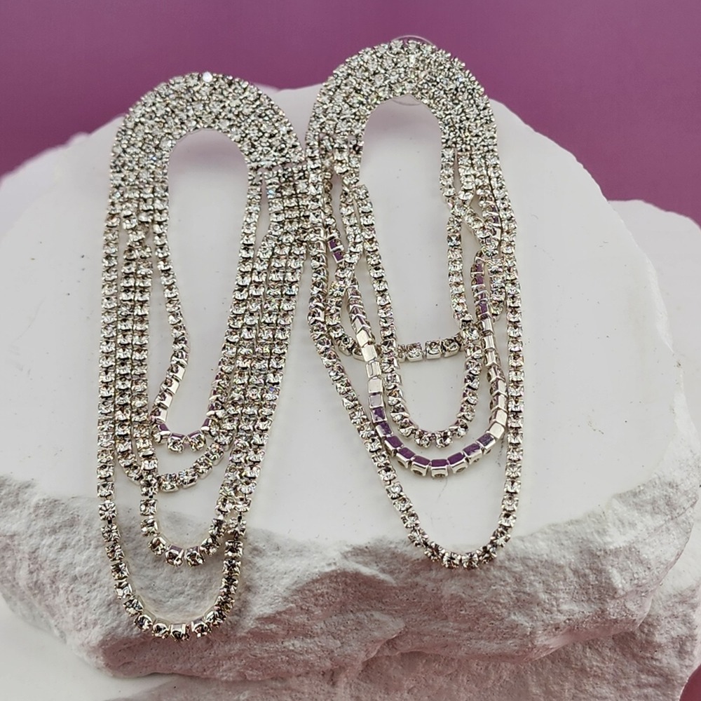 Clear Rhinestone Chandelier Waterfall Earrings Silver Tone Statement Glam Bridal